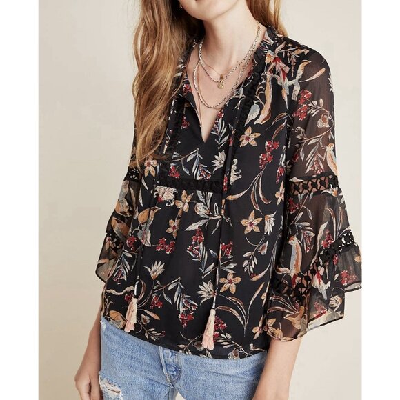 Maeve Tops - Anthropologie Maeve Odette Floral Peasant Blouse Size XS Bell Sleeves Lined